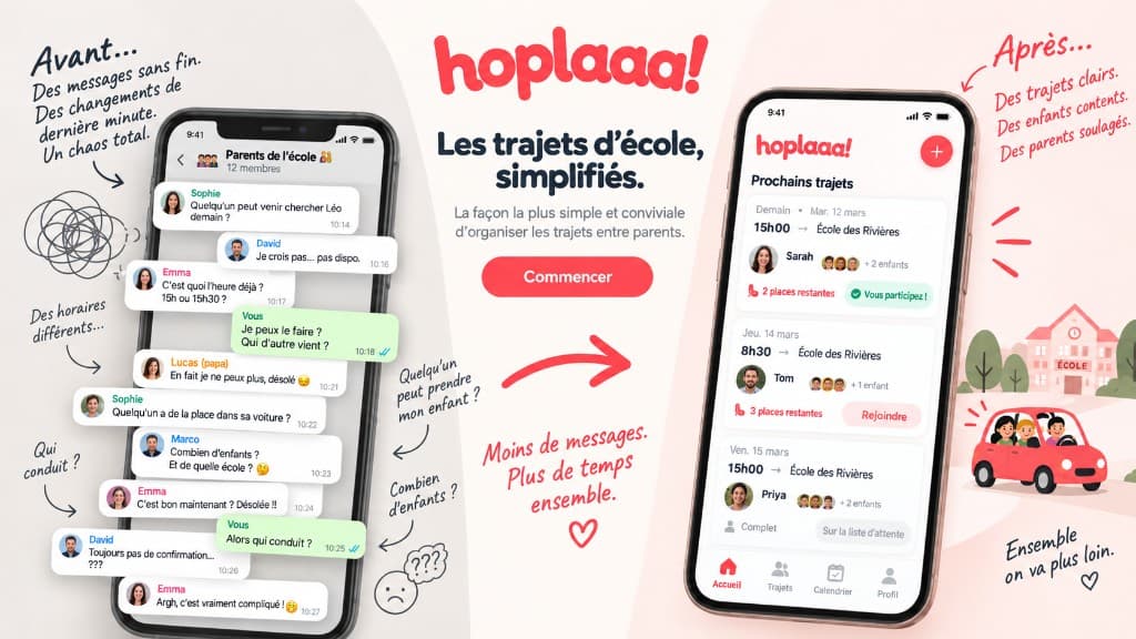 Avant : un groupe de messages chaotique entre parents. Après : des trajets clairs dans hoplaaa!, avec la photo de chaque parent à côté de son nom.